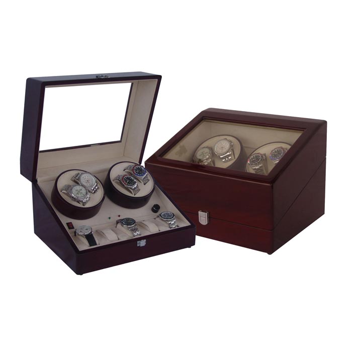 Quad watch winder with 6 watches case,  TWB204: Wooden watch box
